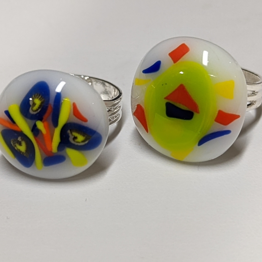 Artisan handmade Fused glass statement rings with silver plated adjustable bands